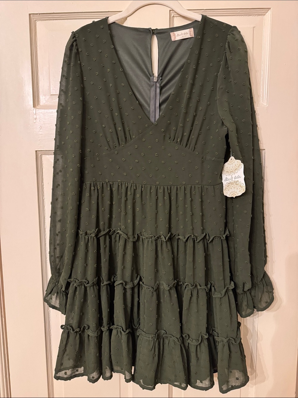 Altar'd State Olive Green Long Sleeve Swiss Dot Tiered Dress